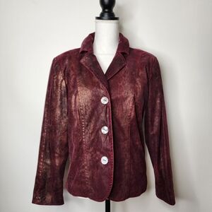 Erin London maroon color shift gold foiled reptile print jacket